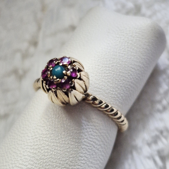 Vintage 14k Yellow Gold Turquoise Ruby Flower Ring - Picture 4 of 8